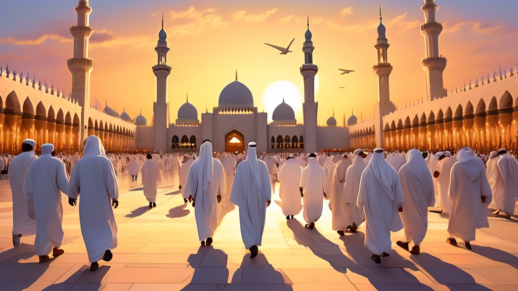 Peaceful twilight scene at the Grand Mosque in Mecca, with a group of diverse pilgrims from Manchester, UK, dressed in traditional white ihram, peacefully walking together towards the holy site, frame