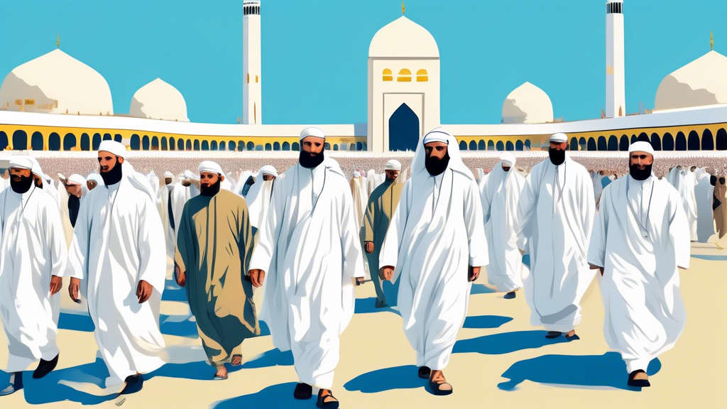 A vivid illustration showcasing a diverse group of pilgrims wearing white ihram clothes, walking together with the Kaaba in the background under a clear blue sky, symbolizing unity and spirituality during the Hajj pilgrimage.