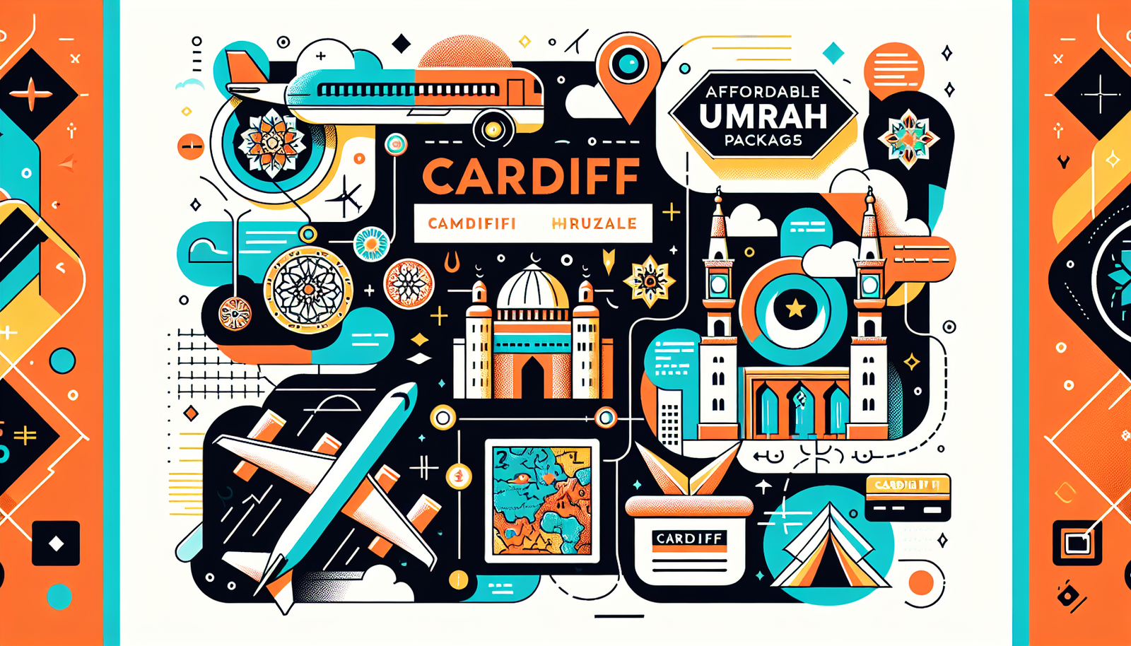 Create a visually appealing and modern illustration showcasing the elements of affordable Umrah packages from Cardiff. Include illustrations of various elements such as a map showing Cardiff and Mecca, symbolic representations of the Umrah rituals, and an airplane to denote travel. Use vibrant and diverse colors to enhance the modern feel of the image.