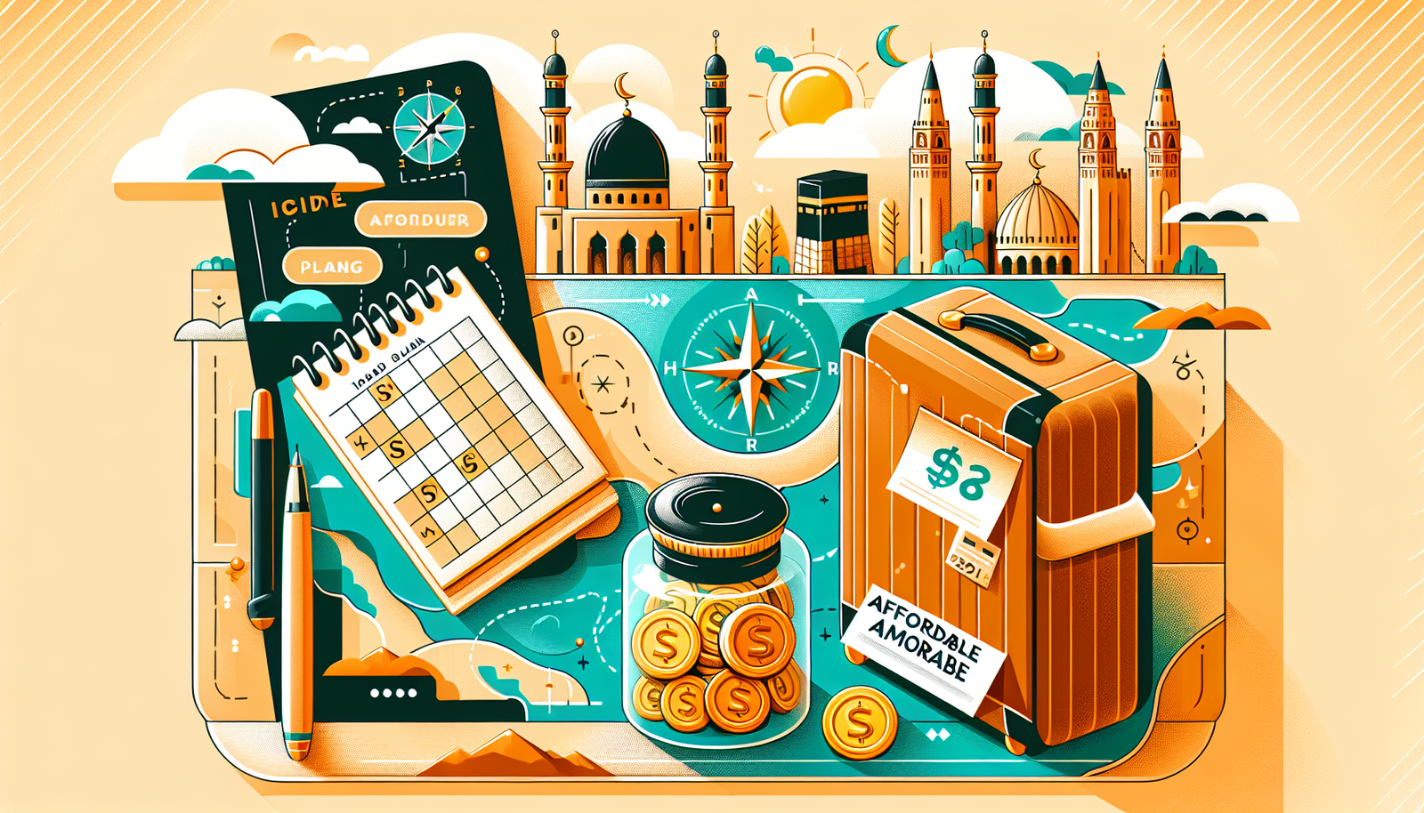 Create a modern and vibrant illustration of a guide for affordable Umrah packages. This should include things like a compass, a suitcase, a calendar marking important dates, a glass jar filled with coins signaling affordability, and a mosque, all set within a warm, inviting atmosphere. These elements should come together to hint at travel, planning, and religious observance without the use of words. The image should illustrate a journey from a western city like Lisburn to an Eastern landmark like the Kaaba. Please do not include any text.