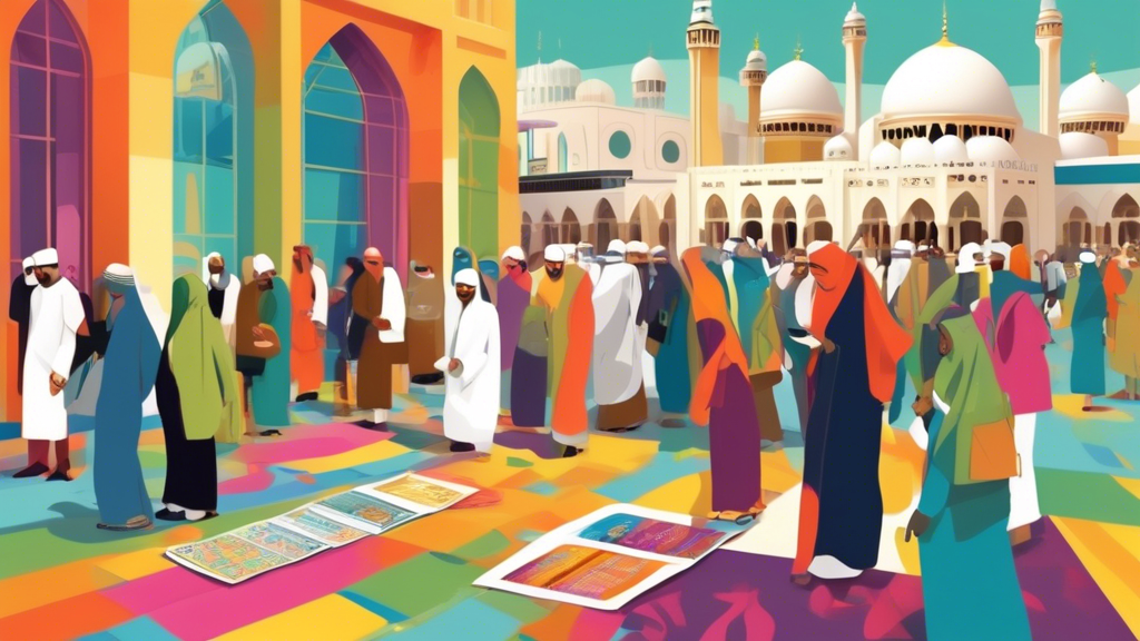 An artistic depiction of families and individuals from Brighton joyfully preparing for their Umrah pilgrimage, with colorful travel brochures highlighting affordable packages in the foreground.