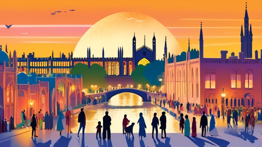 A picturesque view of Cambridge City at twilight with families and solo travelers viewing a colorful brochure of Affordable Umrah Packages, with iconic religious sites in the distance.