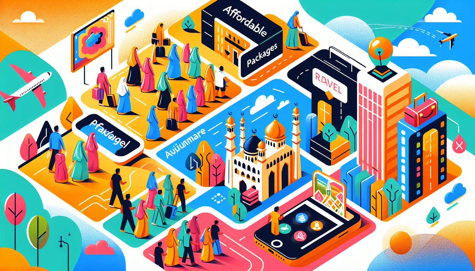 Create a colorful, modern illustration with no text, showing affordable packages for religious pilgrimage in an urban setting like Reading, with diverse groups of people engaged in the process. Show the journey depicted in various steps, like preparation, travel, rituals, and return, using vibrant colors and a contemporary design style.