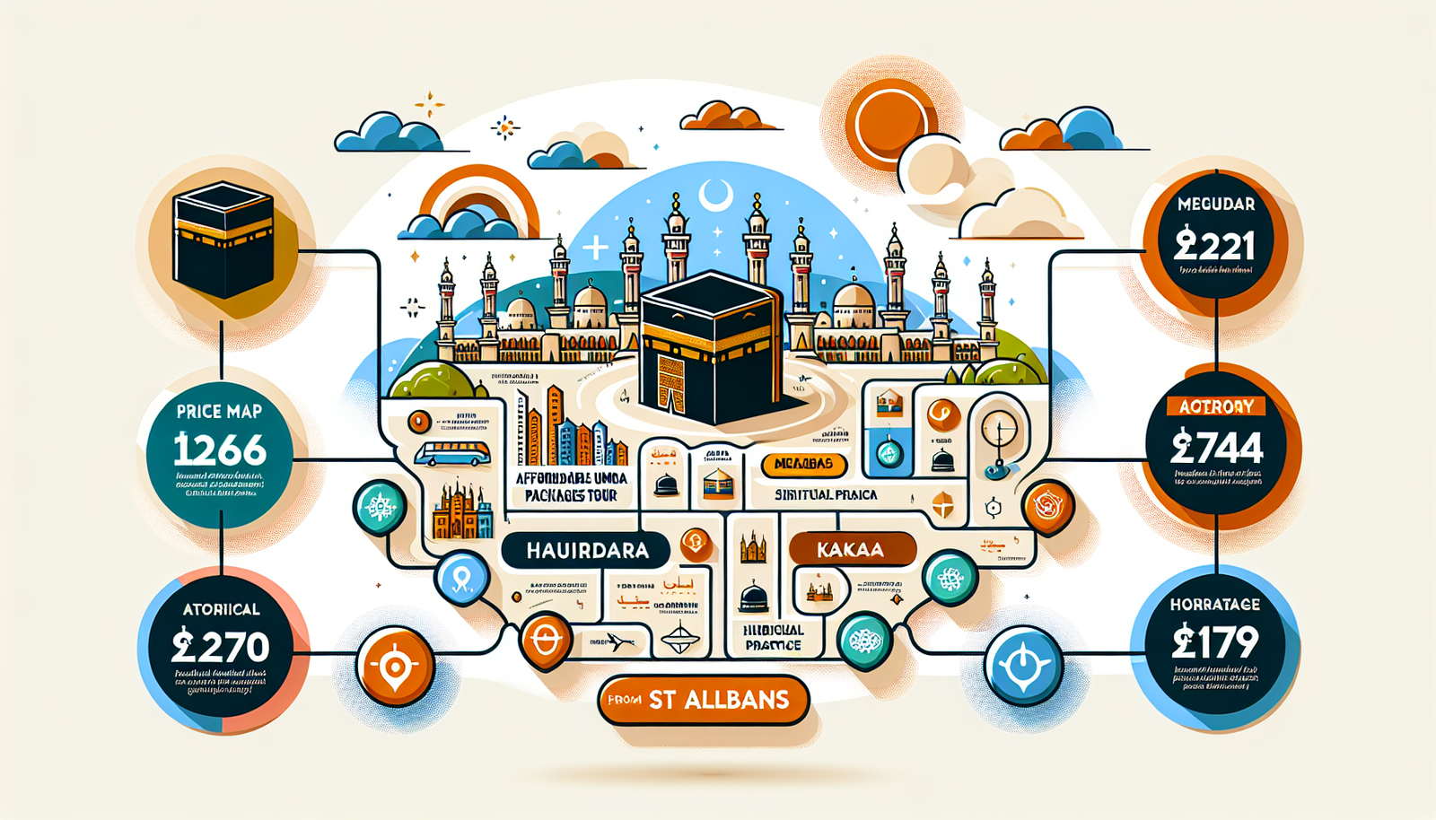 Create a modern, colorful illustration representing affordable Umrah packages tour from St Albans. The image can be divided into different sections, each representing key aspects of the package - price comparison, tour map from St Albans to Mecca, a typical itinerary, landmarks such as Kaaba, and references to spiritual practice. Please note this is an illustration-only guide and should not include any words.