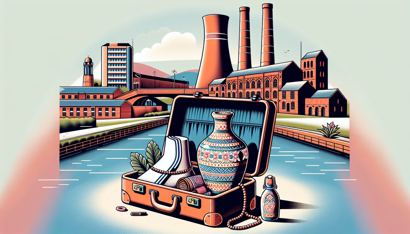 Create a modern and vibrant illustration representing affordable Umrah packages. The setting is in Stoke-on-Trent, England, a city known for its pottery industries and intricate canal system. The image might show a symbolic suitcase with traditional Umrah essentials like ihram clothing and tasbih beads. A subtle backdrop might show recognizable Stoke-on-Trent landmarks, such as the intricate canal system or bottle kilns of the pottery industries. Remember, no words are allowed in this illustration, only imagery.