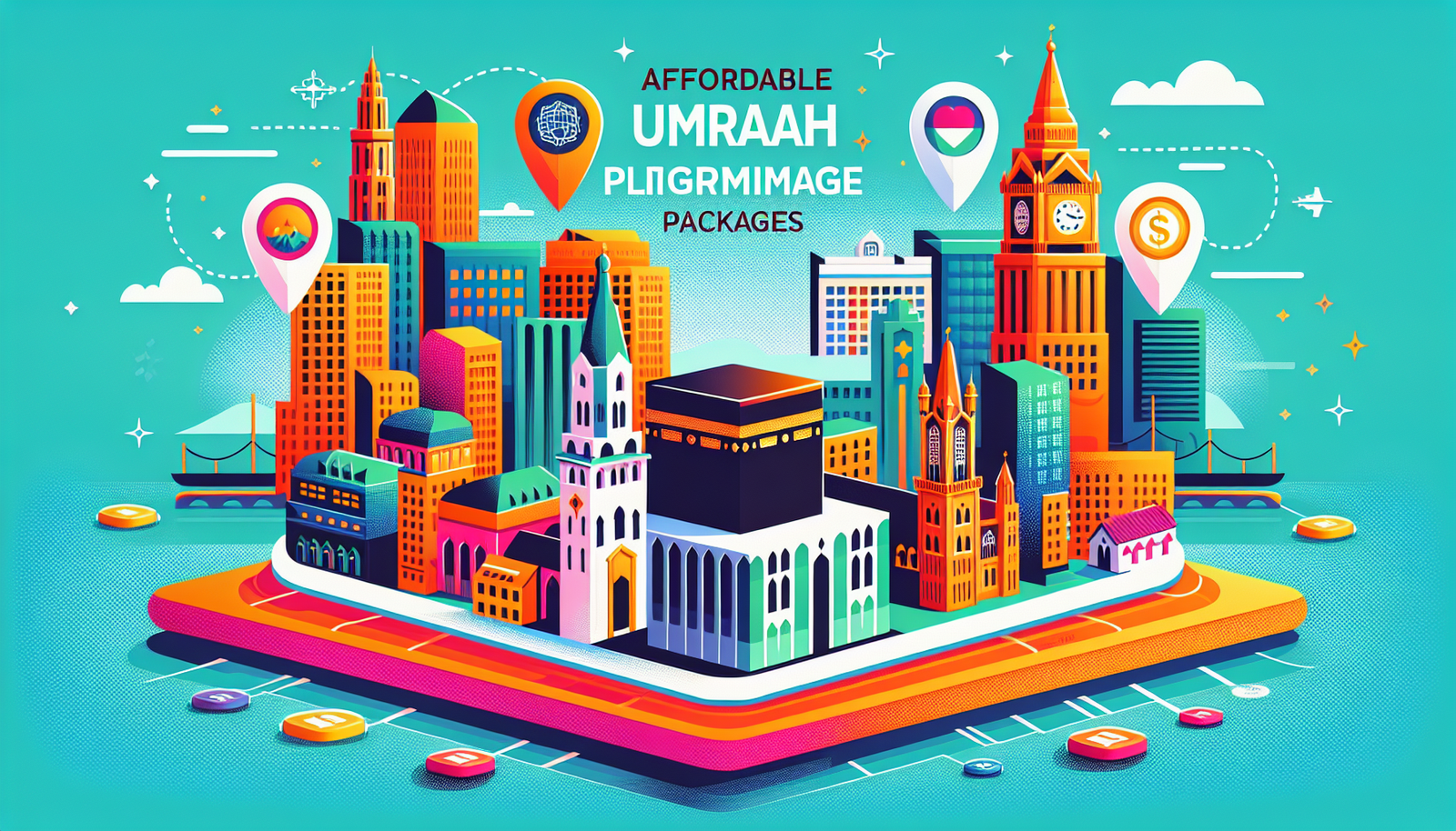 A modern and colorful illustration depicting affordable Umrah pilgrimage packages from a cityscape perspective of Swansea. The image shows a vibrant city skyline with distinctive architecture, culturally symbolic elements reflecting the process of Umrah pilgrimage, and various journey marker symbols highlighting the affordability aspect.