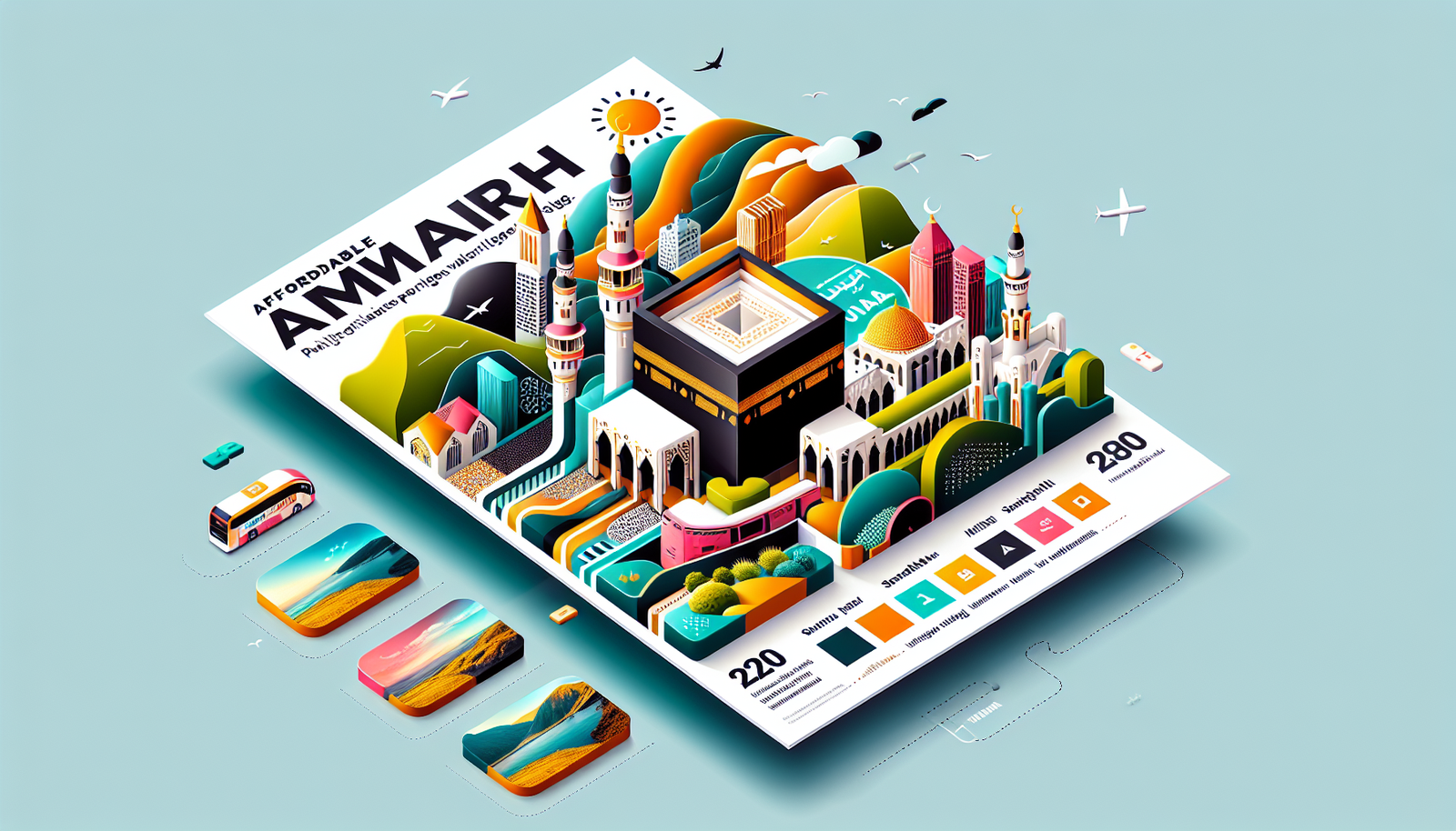 An image of a modern, colorful travel brochure showcasing affordable religious pilgrimage packages, specifically Umrah, from the city of Swansea in Wales. Depict the breathtaking landscapes of Swansea along with some symbolic elements related to Umrah, such as the Kaaba or an Ihram, arranged creatively. Do not include any text in the image – focus on compelling visual cues. The overall design should have a bright, contemporary aesthetic.