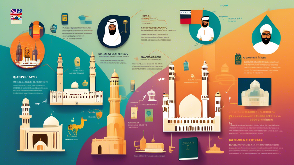 A detailed infographic showcasing the step-by-step process of applying for an Umrah Visa on an Indian Passport from the UK, with icons representing documentation, online application, and cultural landmarks.