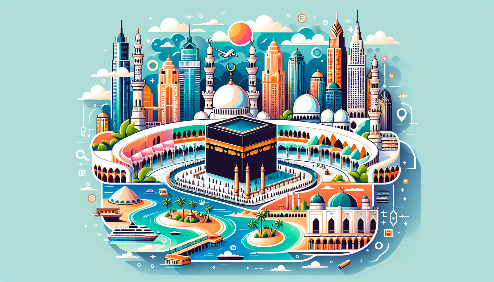 Create a colorful and modern illustration representing an ideal Umrah package that includes a stay in Dubai. The scene should depict important aspects of the Umrah journey such as prayer in the Grand Mosque, and a view of the Kaaba. Also include distinct elements representing a stay in Dubai, such as the Burj Khalifa and Palm Islands. No textual elements should be included in the image.