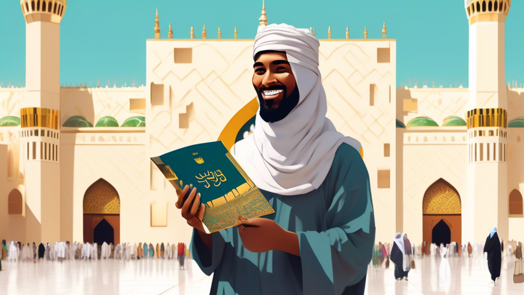 A digital artwork depicting a traveler from a diverse background, joyfully holding a visit visa in one hand and an Umrah guidebook in the other, standing in front of the majestic Kaaba in Mecca during