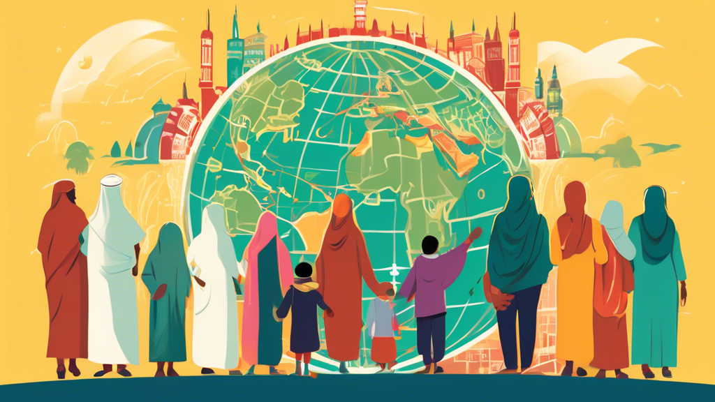 An illustrated guidebook cover showcasing families and solo travelers from Crawley, UK, gathered around a globe with a highlighted path leading to Mecca, preparing for their Umrah journey, with iconic symbols of Islam elegantly integrated into the design.