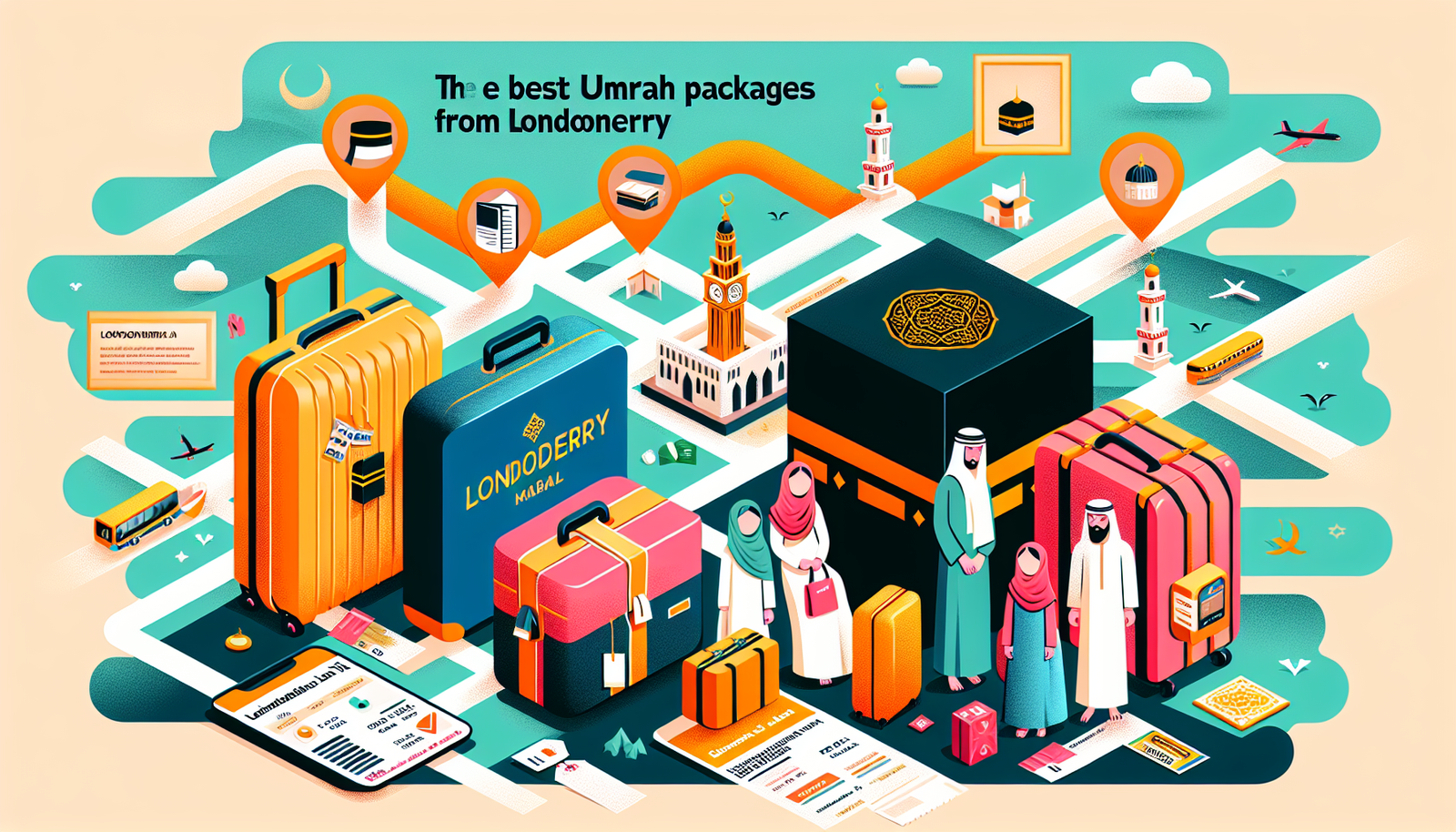 Create a modern and colorful illustration depicting the selection of the best Umrah packages from Londonderry. It should be an informative guide without any textual elements. The picture should include elements such as, a digital map with the path from Londonderry to Mecca marked, suitcases with travel essentials packed, tickets, a depiction of the Kabah, and a family of four, two adults and two children, of diverse descent packed and ready for their journey. The style should be bright, eye-catching, and easy to understand.