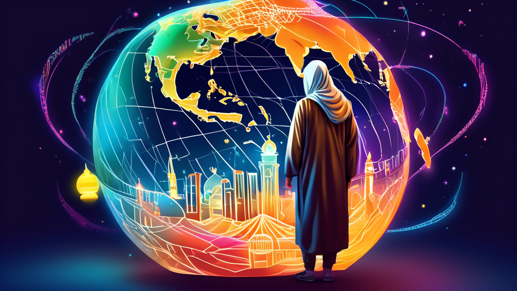 An exquisite illustration of a traveler from Milton Keynes looking at a glowing globe, with shimmering paths highlighting different Umrah packages pathways around the world.