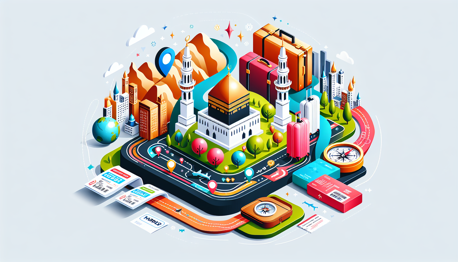 Visualize in a modern and colorful style an illustration representing the concept of choosing the perfect Umrah packages. The scene could include symbolic elements such as maps highlighting a route that originates from Dunfermline, Scotland, and leads to Mecca, Saudi Arabia. Also include perhaps, suitcases, tickets, and a compass to denote travel and spiritual journey. Please note that the image should contain no words.
