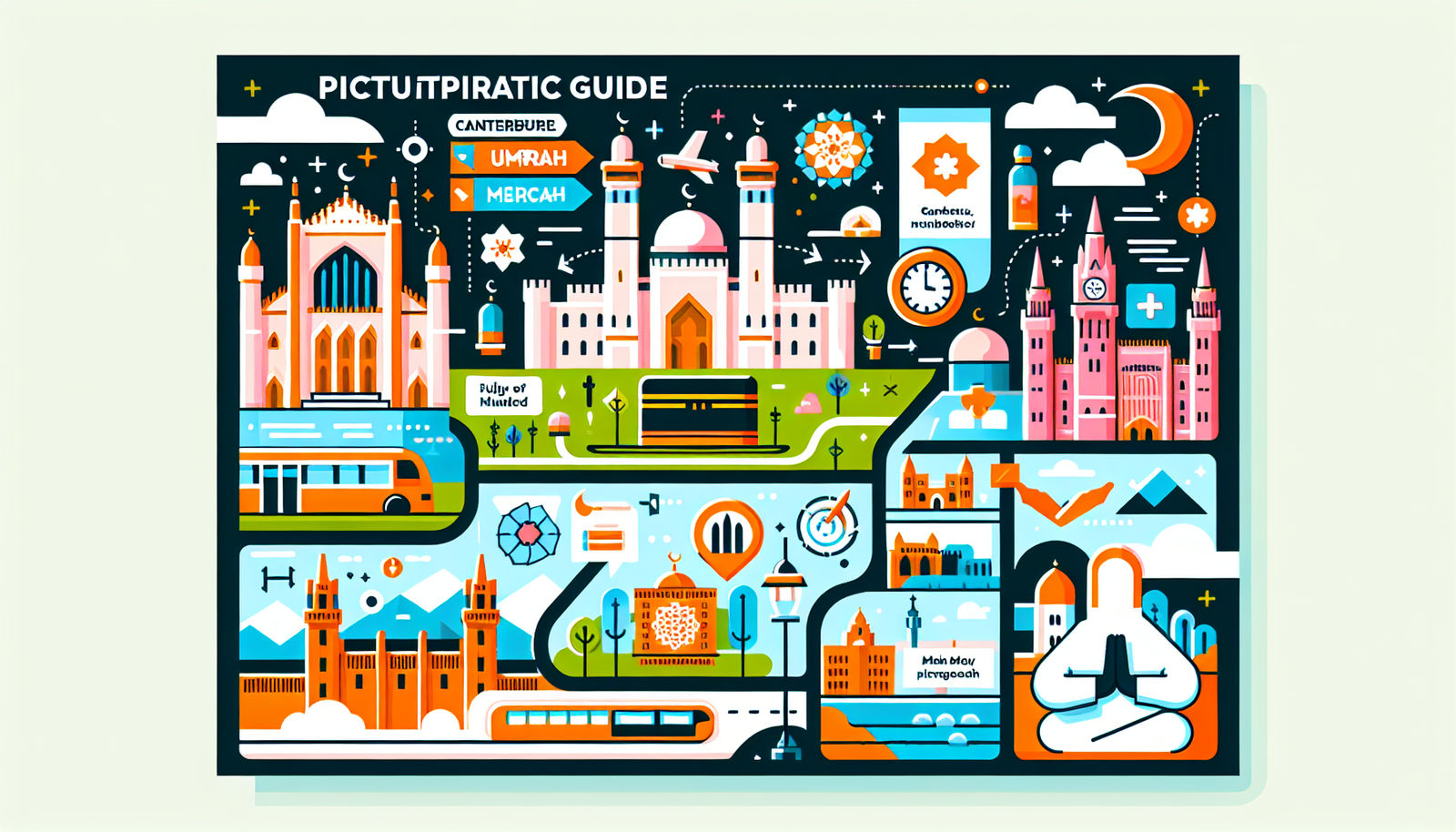 Illustration of a picturesque guide. It includes multiple elements related to Umrah packages from Canterbury, UK. There might be visual representations of Canterbury's notable landmarks, the journey towards Mecca, and the main Umrah rituals. All elements are presented in a colorful and modern graphical style, with no words included.
