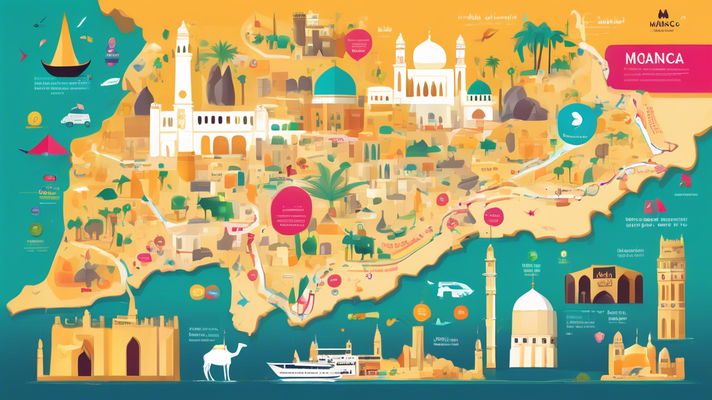 An illustrated map leading from Monaco to Mecca with colorful icons showcasing steps for a DIY Umrah package including flights, accommodations, and rituals.