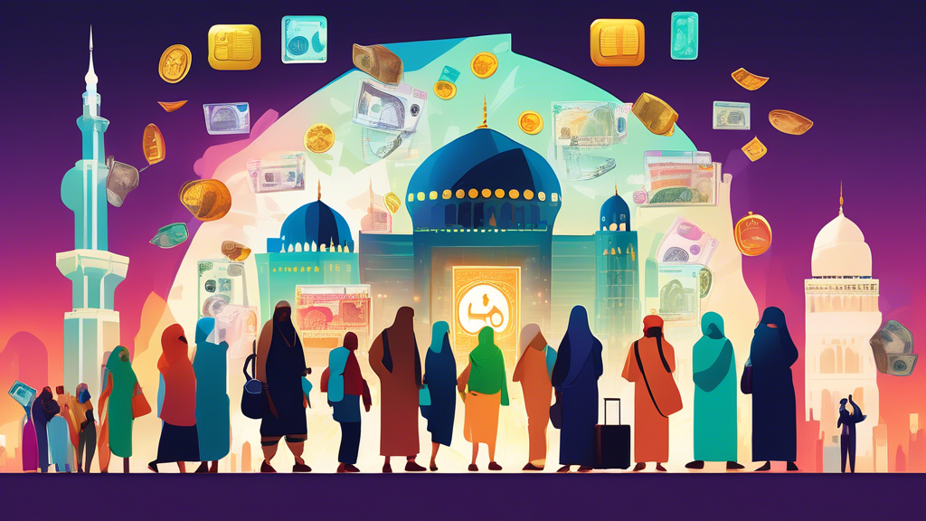 Digital illustration of travelers from around the world holding different currencies in front of a large, glowing Umrah visa surrounded by important information icons and infographics detailing costs