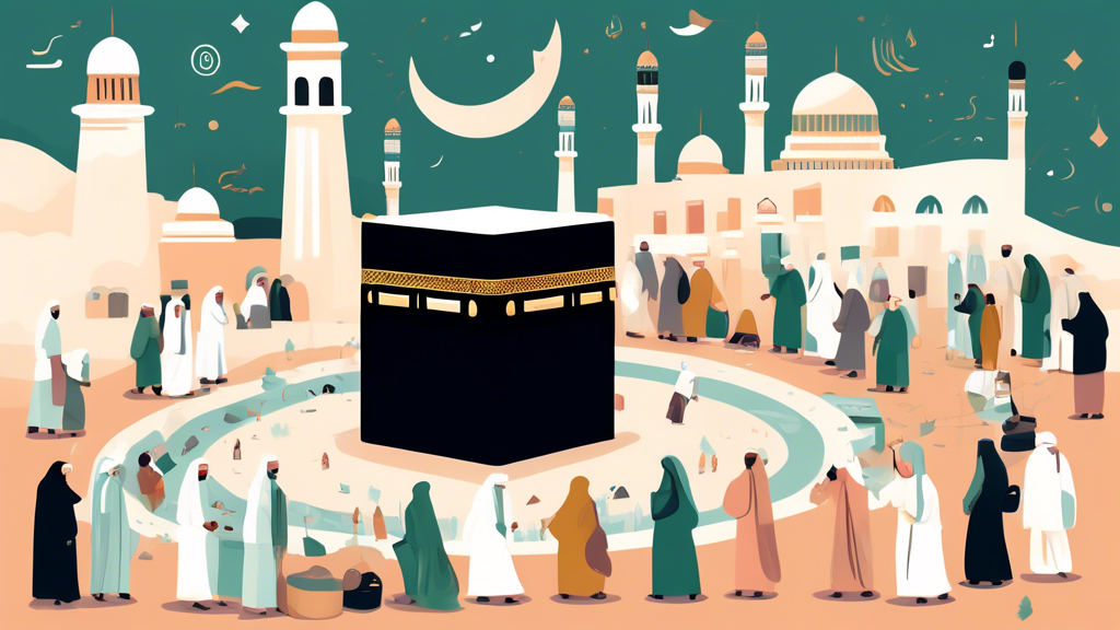 A serene illustration of pilgrims performing Umrah in December, highlighting various elements of the journey such as prayer, unity, and the Kaaba, with a soft winter-themed color palette and informative guide icons floating gracefully around the edges.