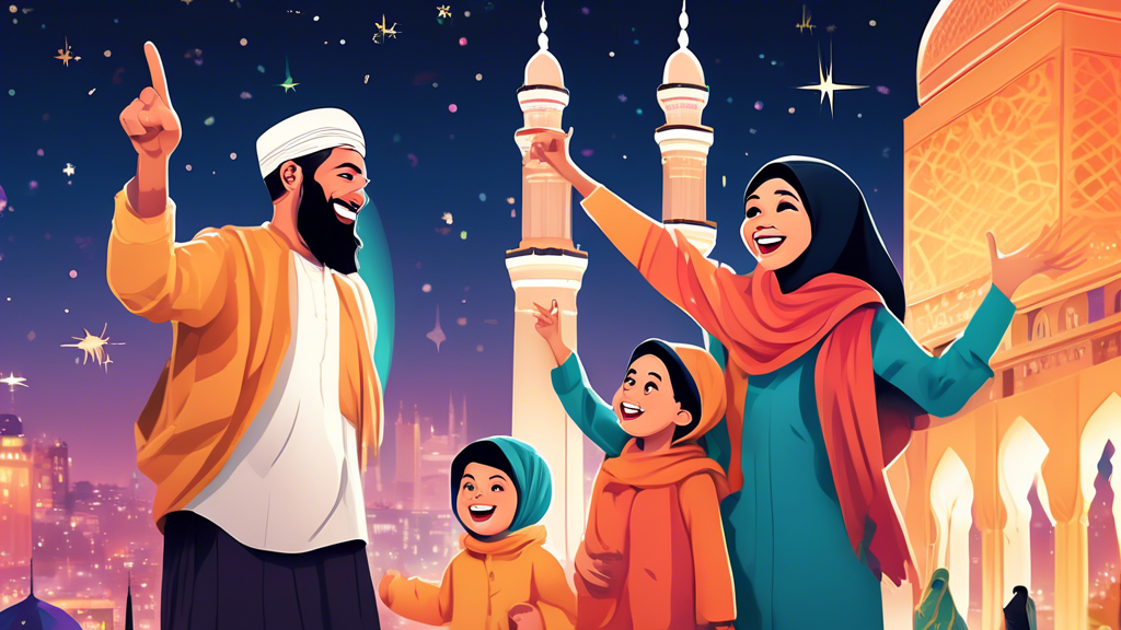 Colorful illustration showcasing a beautiful family from Montreal, QC excitedly pointing at a glowing billboard advertising the best Umrah packages, with iconic Islamic architecture in the background under a starry sky.