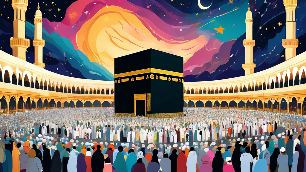 A serene and detailed illustration of diverse pilgrims performing Umrah in Mecca, showcasing the Kaaba, peaceful crowds, and essential items for the journey, under a starlit sky.
