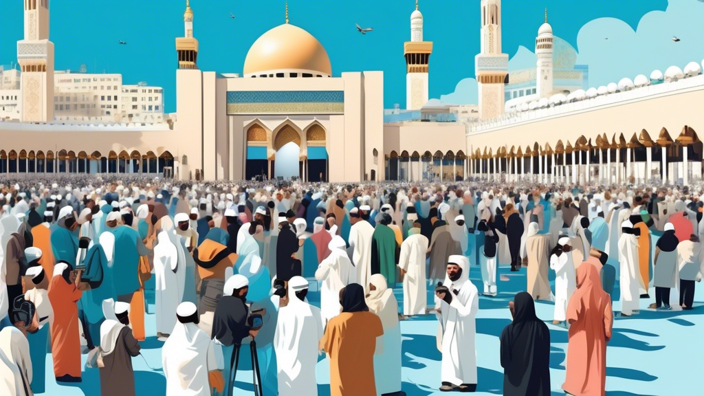 Digital artwork of a diverse group of people with vlogging equipment at the Masjid al-Haram in Mecca, capturing their spiritual journey during Umrah under a clear blue sky.