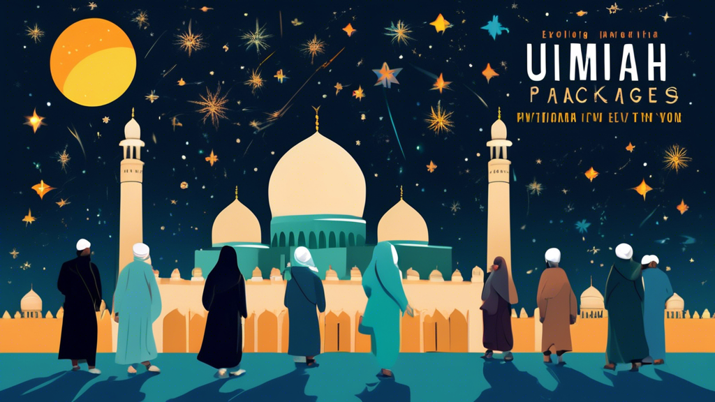An illustrated guidebook cover showcasing pilgrims in front of the captivating Ely Mosque under a starry sky, with the title 'Exploring Umrah Packages: Your Guide to Ely'