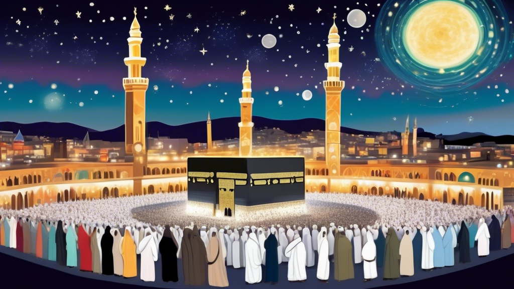 A serene and beautifully illuminated Kaaba surrounded by diverse pilgrims wearing Ihram, with a picturesque view of Inverness in the background, under a starry sky.