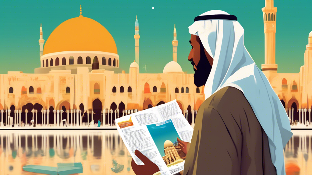 Illustration of a traveler from Salford looking at various Umrah package brochures with iconic landmarks of Mecca in the background