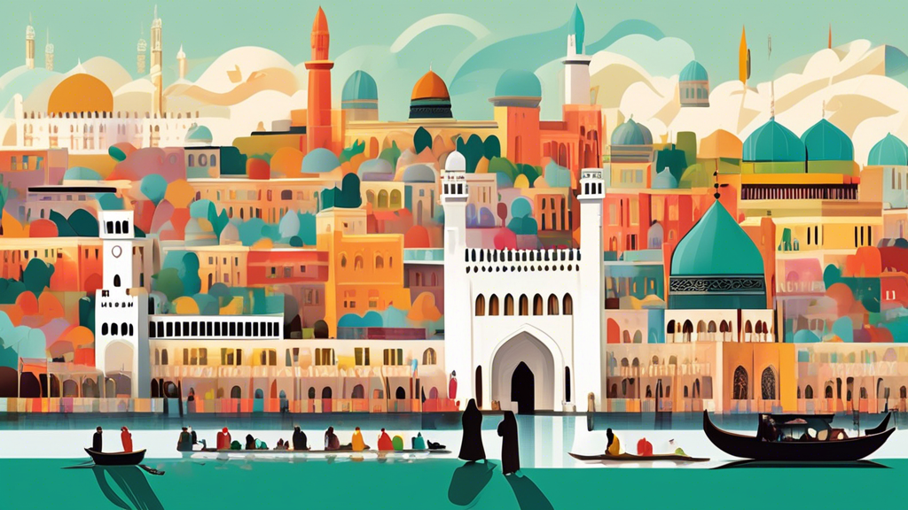 A picturesque illustration blending the historic city of Gloucester with iconic Islamic pilgrimage scenes, showcasing a guide exploring Umrah packages.