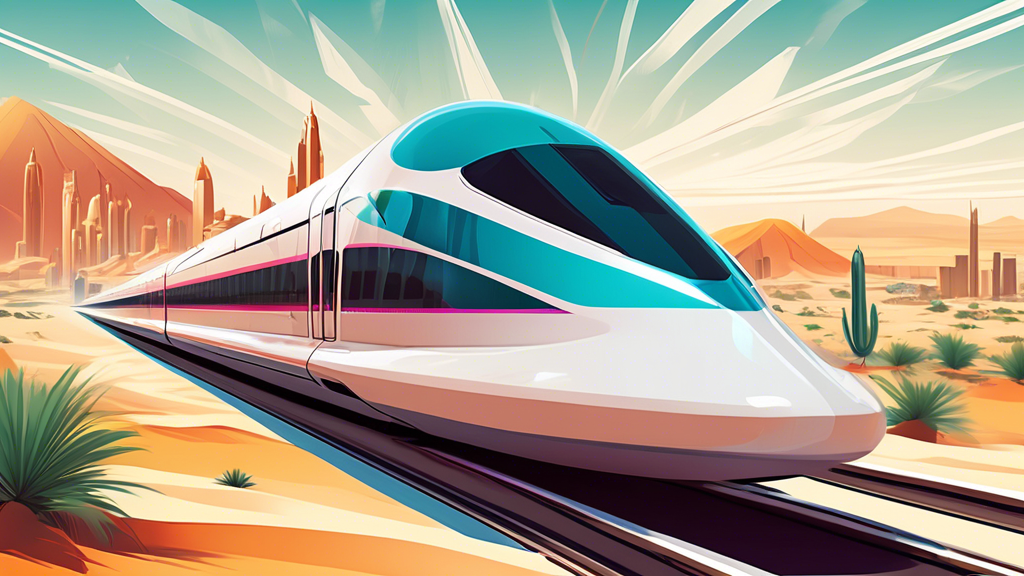 A sleek Haramain High-Speed Train gliding through the picturesque desert landscape with futuristic cities in the background, symbolizing a bridge of innovation connecting tradition and modernity.