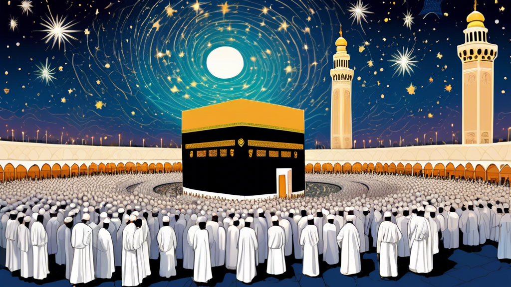 An intricate artwork depicting pilgrims in white robes gathered around the Maqam-e-Ibrahim, with the Kaaba in the background under a starlit sky, highlighting its religious significance.
