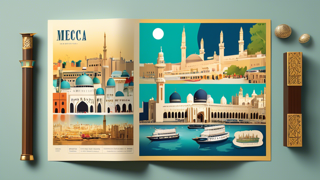An elegantly designed travel brochure featuring serene images of Mecca and detailed Umrah packages from Medway, UK, with landmarks like Rochester Castle and the Chatham Historic Dockyard integrated into the design.