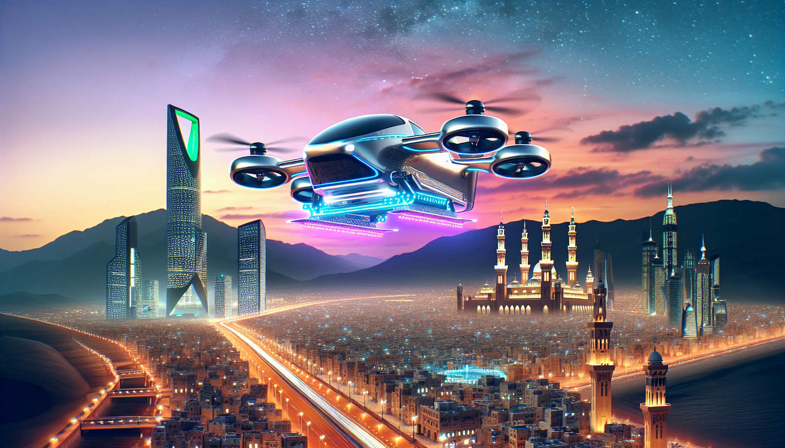 Envision a flying taxi service starting from the futuristic cityscape of Jeddah, moving across the sky and ending at the culturally rich city of Makkah. This scene represents a new era of transportation. The taxi itself should be modern, aerodynamic, and decked with colorful lights that illuminate the surrounding areas. The taxi might have wings or propellers, reflecting it is part of a sci-fi future. Both cities are bathed in the glow of evening twilights, underlining the merging of tradition and modernity in this new era of travel.