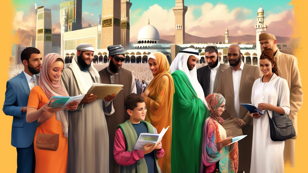 A realistic digital painting of a diverse group of people from the UK, including a family and a young couple, filling out paperwork and holding passports, with the background showing a travel agency a