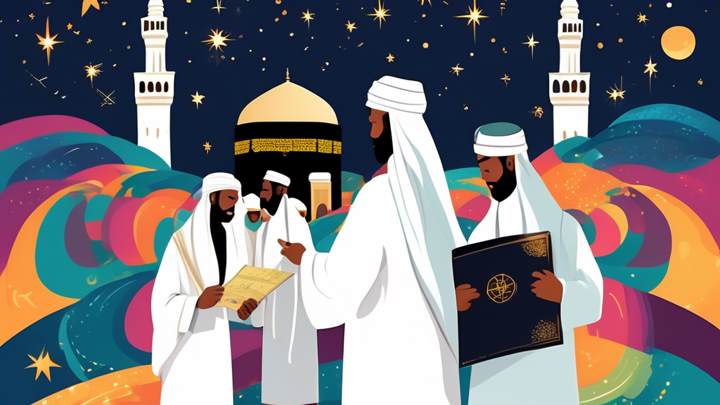 An illustrated guidebook cover featuring diverse pilgrims in white ihram clothing, holding a map and a compass, with the Kaaba in the background under a starry sky, symbolizing the spiritual journey of DIY Umrah.