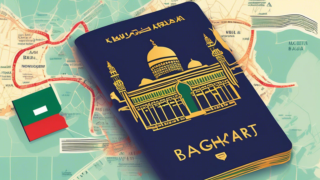 An illustrated guide showing a Bangladeshi passport next to an Umrah visa, with the iconic Kaaba in Mecca in the background and a map overlay indicating the journey from the UK to Saudi Arabia.