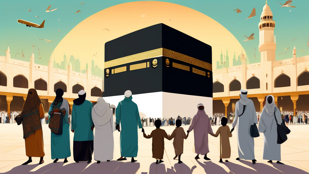 A serene illustration of a Sudanese family holding UK and Sudanese passports in front of a beautifully detailed background showing the Kaaba in Mecca, showcasing their journey of obtaining an Umrah visa.