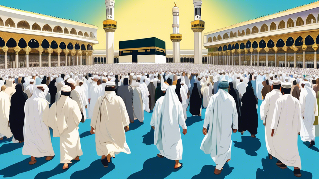 A serene and inspiring scene depicting a diverse group of pilgrims, clad in white, performing the ritual walk around the Kaaba at Mecca during Umrah in 2024, with the majestic Masjid al-Haram illumina