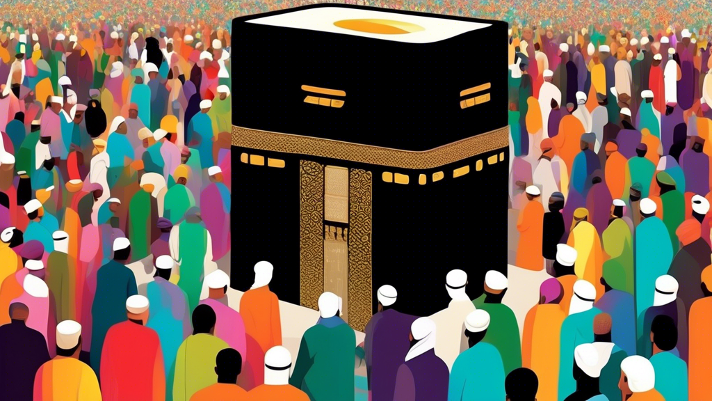 A vibrant digital artwork depicting a diverse group of pilgrims from various ethnic backgrounds gathered at the Kaaba in Mecca, with futuristic elements like holographic guides and digital prayer aids