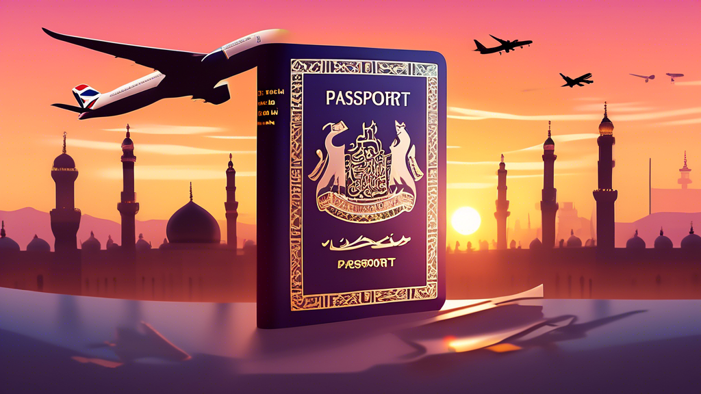 A serene and beautifully illustrated image of a UK passport surrounded by Islamic motifs, a Kaaba model, and a plane ticket indicating a journey from the UK to Saudi Arabia, with the soft glow of a sunset in the background, symbolizing the spiritual journey of Umrah for UK citizens.