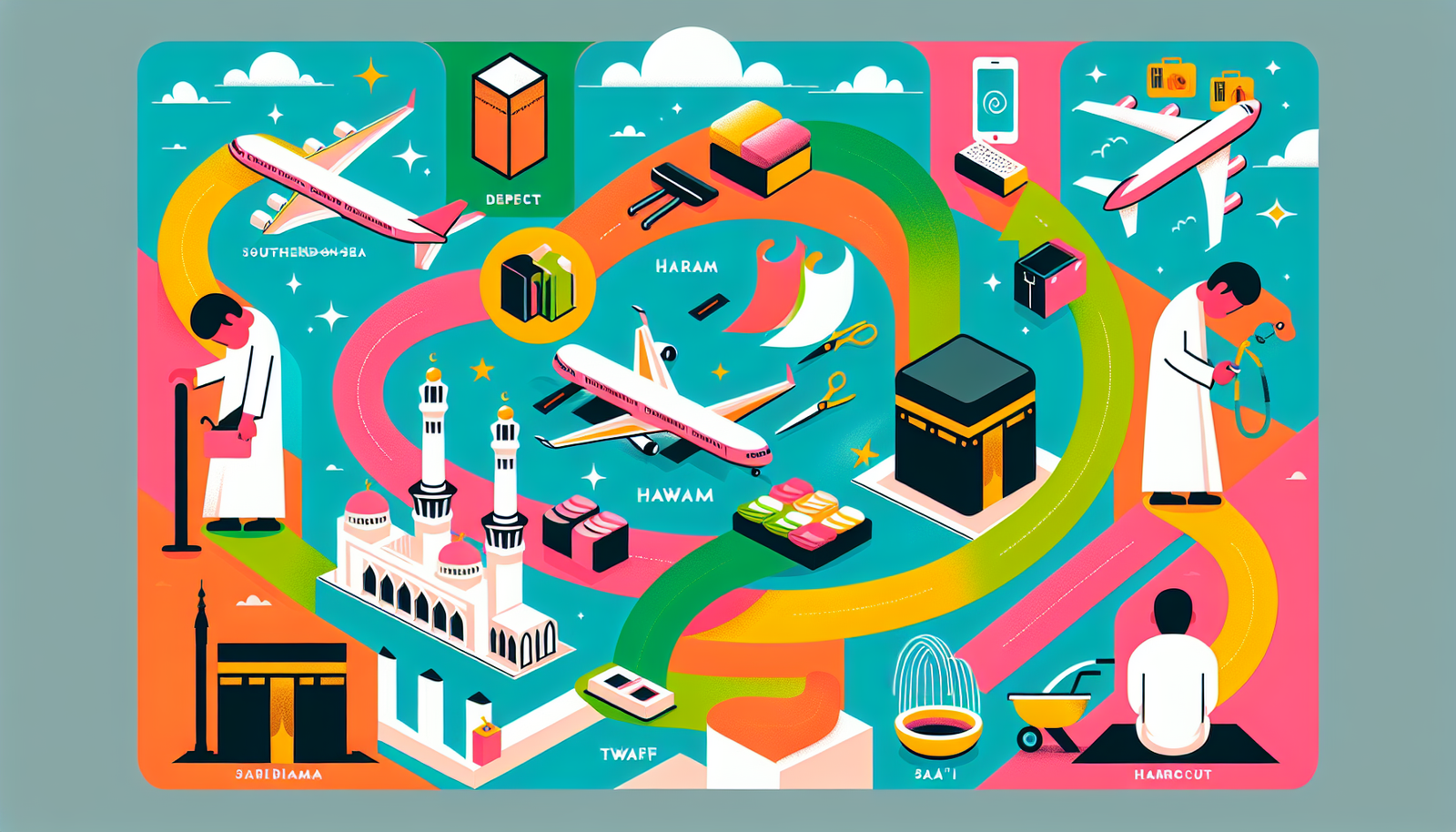 Create a colorful and modern visual guide for a perfect Umrah journey starting from Southend-on-Sea. The image should depict the key stages of the journey, starting with departure from Southend-on-Sea, the arrival in Mecca, commencement of the rituals including Ihram, Tawaf, Sa'i, and haircut or trimming, winding up with the return journey. Please make sure the illustration is in a contemporary style and vibrant colors, without any text.