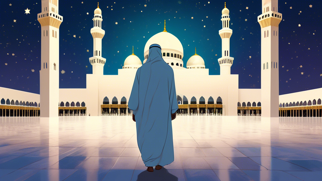 A serene and spiritually inspired digital illustration of a lone traveler wearing Ihram, walking through the vast, empty courtyard of the Masjid al-Haram towards the Kaaba, under a clear night sky fil
