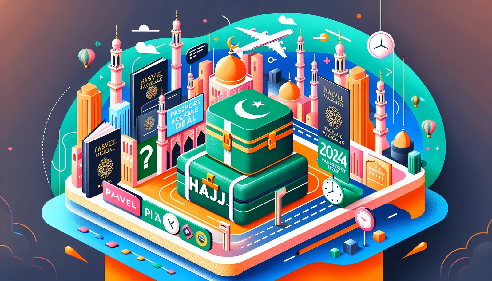 Illustration of an exciting and colourful scene related to a travel package deal for the Hajj in 2024, specifically designed for passport holders from Pakistan. The scene should be modern and inviting, conveying the sense of an exclusive offering. No text should be included in the image. Make sure to include symbolic elements associated with the Hajj pilgrimage.