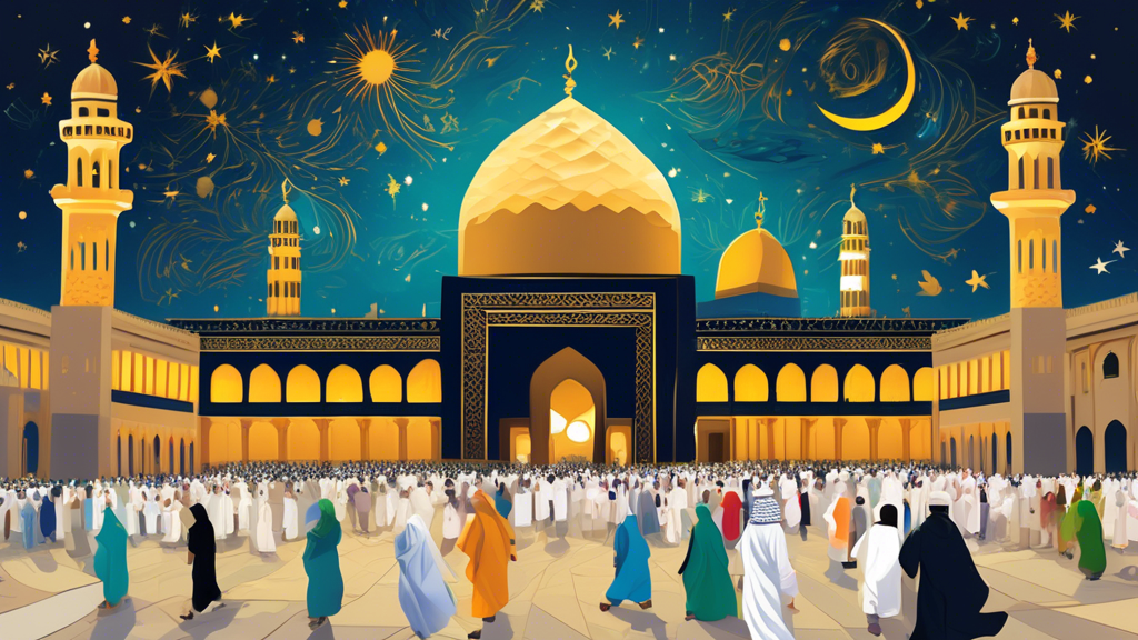 Create an artistic calendar for Hajj 2024 that depicts pilgrims walking around the Kaaba in Mecca, with key dates and events highlighted, set against a backdrop of the starry night sky and the intrica