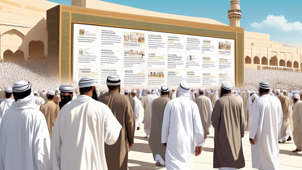 A detailed, vibrant illustration of a diverse group of pilgrims from the UK, dressed in traditional Ihram, looking at a large, informative billboard titled 'Hajj 2024 Packages from the UK: What to Exp