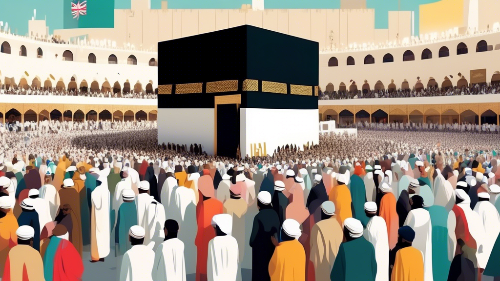 Digital illustration of diverse pilgrims from the UK gathered at the Kaaba in Mecca, showing gratitude and solidarity, with a visible flag of the United Kingdom, during the Hajj 2024 pilgrimage.
