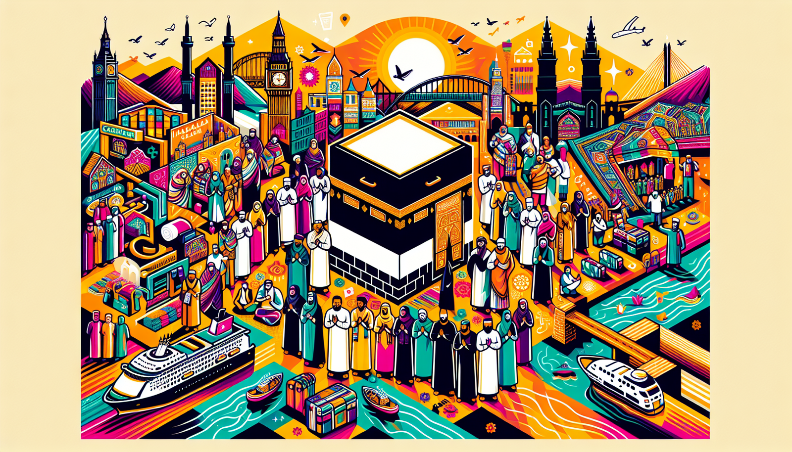 Create a vividly colorful and modern illustration of an ultimate guide to Hajj. The image should depict various elements associated with Hajj, such as a group of diverse individuals (equal representation of Caucasian, Hispanic, Black, Middle-Eastern, and South Asian) clad in traditional Hajj attire, the Kaaba, prayer, and unity. There should also be elements suggestive of Glasgow, such as the Glasgow Skyline with towers, bridges, and rivers, intertwined with the Hajj-themed portions in a harmonious way. However, the focus is the depiction of the journey to Hajj from Glasgow. The image should not contain any textual information.
