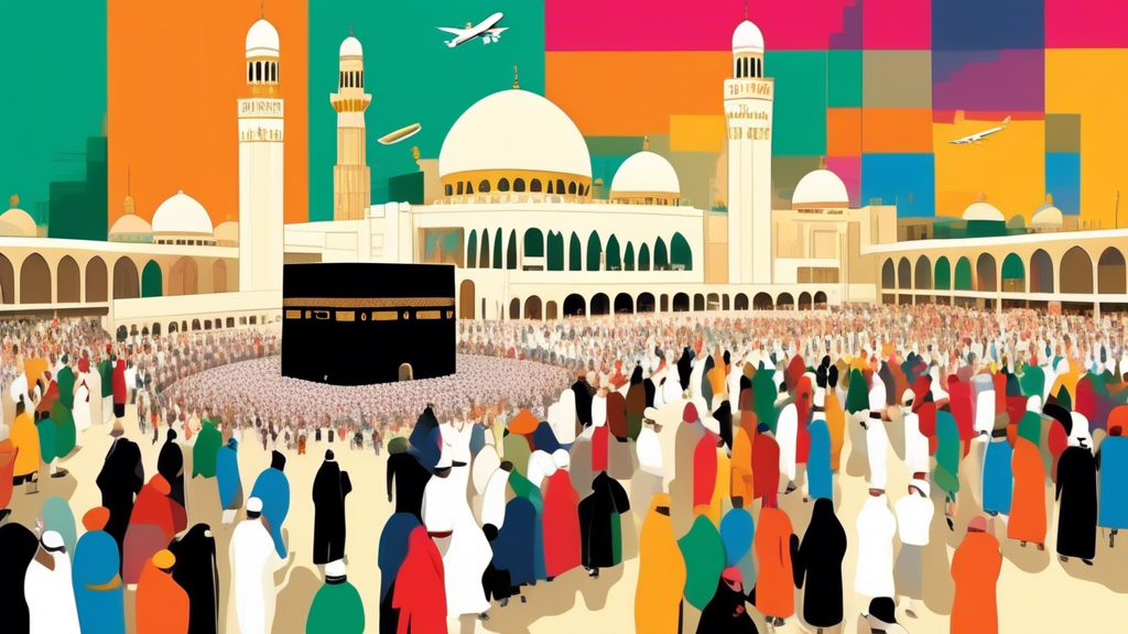 An illustrative guide showing a diverse group of pilgrims in front of the Kaaba in Mecca, with an overlay of a plane flying from London to Saudi Arabia, symbolizing Hajj packages.