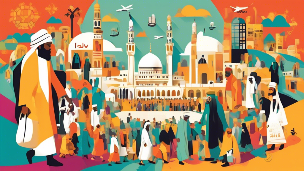 An illustrated guide book cover showcasing pilgrims embarking on Hajj from Manchester, with iconic symbols of both Manchester and Makkah.