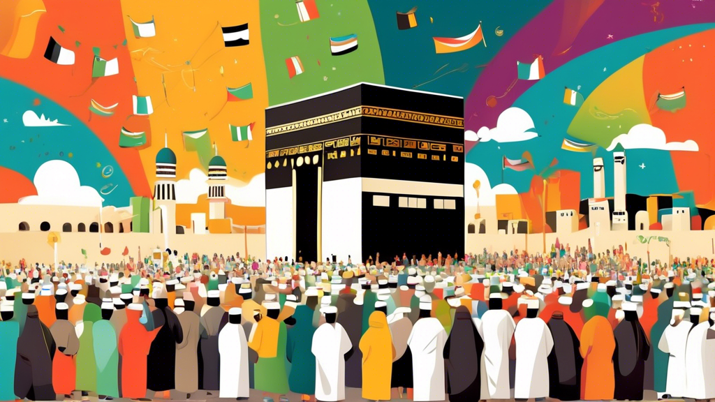 Illustration of diverse Hajj pilgrims from around the world happily preparing to perform Umrah around the Kaaba in Mecca, with a calendar marked on July 19th hanging in the sky.